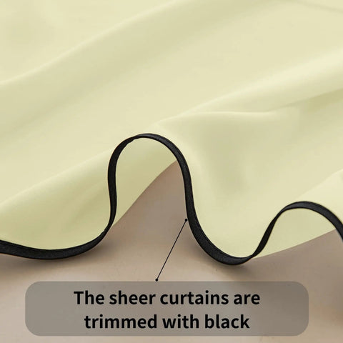 Light Yellow Semi Sheer Curtains Two Panels 84 Inches Long 52 Inch Wide Light Filtering Window Drapes close-up of black trim