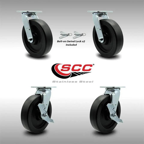 Hard As Nails Heavy Duty Casters Set Of 4 With 8 Inch Smooth Rolling Polyolefin Wheels and Durable Stainless Steel Plates Includes Brake Swivels and Bolt Lock Wheels, featuring swivel locks and polyolefin wheels.