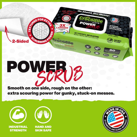 PowerSCRUB Dual-Surface Cleaning Wipes Heavy-Duty Moist Cloths 80 Count package showing textured scrub and smooth sides