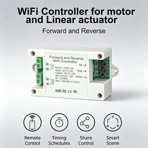 Smart Wifi Linear Actuator Controller Delivering No Sweat Forward And Reverse Control Through A Rock Solid Remote Switch, top view of device.