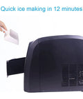 Portable Electric Countertop Ice Maker Featuring Automatic Self Clean Cycle Yields Thirty Three Pounds Of Crisp Ice Daily And Produces Twelve Cubes In Just Nine Minutes No Sweat Compact Footprint Saves Valuable Kitchen Counter Space showing ice scoop and back view.