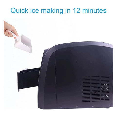 Portable Electric Countertop Ice Maker Featuring Automatic Self Clean Cycle Yields Thirty Three Pounds Of Crisp Ice Daily And Produces Twelve Cubes In Just Nine Minutes No Sweat Compact Footprint Saves Valuable Kitchen Counter Space showing ice scoop and back view.