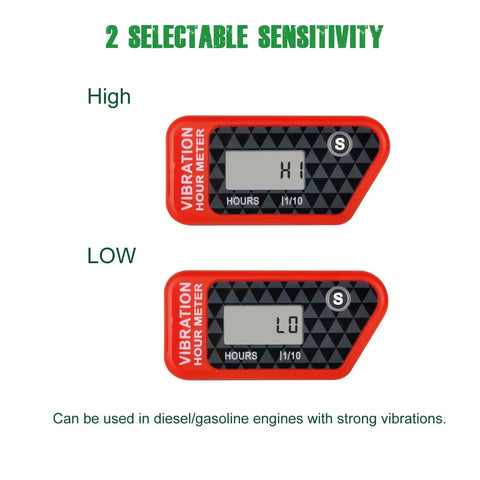 Vibration Hour Meter for Diesel and Gas Engines Waterproof IP68 with Two Sensitivity Settings Dialed In Partial Timer Tracks Total And Period Hours 0-99999 H 0.1 H Increments Resettable Maintenance Timer, high and low settings