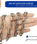 Heavy Duty 50ft 2mm Stainless Steel Chain With Spool For Hanging Bird Feeders Dog Leashes Signs And DIY Projects 304 Stainless Rust Resistant Built Tough Easy To Cut And Use in hand display showing link size and rust resistance