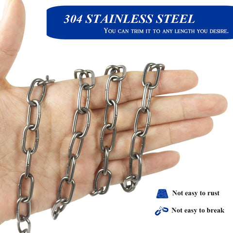 Heavy Duty 50ft 2mm Stainless Steel Chain With Spool For Hanging Bird Feeders Dog Leashes Signs And DIY Projects 304 Stainless Rust Resistant Built Tough Easy To Cut And Use in hand display showing link size and rust resistance