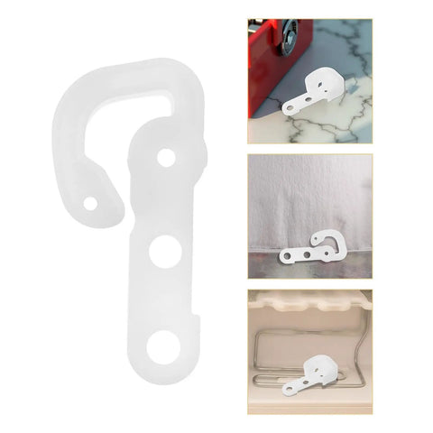 Premium White Refrigerator Door Stopper Replaces Latch Hook And Hinge Catch Clip For Smooth Appliance Operation With Streamlined Compact Fit To Prevent Freezer Swing displayed from multiple angles.