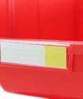 Dang Tough Heavy Duty Stackable Storage Bins In Bold Red With Side Connect Hooks For Garage Workshop Tool Organization Durable Polypropylene Totes. Close-up of a red storage bin with a label holder.