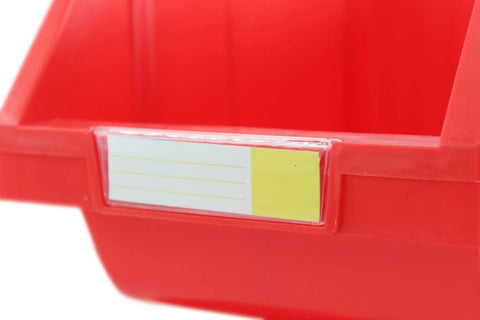 Dang Tough Heavy Duty Stackable Storage Bins In Bold Red With Side Connect Hooks For Garage Workshop Tool Organization Durable Polypropylene Totes. Close-up of a red storage bin with a label holder.