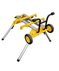 Heavy Duty Yet Featherweight Portable Table Saw Stand Designed For Smooth Rollin Shop Mobility Includes Quick Attach Miter Bracket And Zero Hassle Fast Fold Assembly with wheels and sturdy frame.