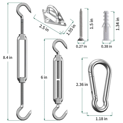 Stainless Steel Sun Shade Sail Hardware Kit 6 Inch featuring turnbuckles, pad eyes, screws, and carabiners with dimensions