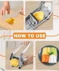 French fry cutter, stainless steel with dual blades; slices potatoes into fries.