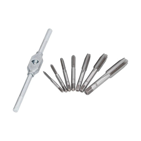Top Notch Metric Hand Tap Wrench Set With Adjustable Reamer From M3 To M12, Bearing Steel Grip for fast tapping, M3 to M12 sizes.