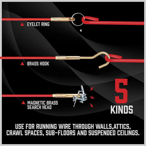 Fiberglass Wire Puller Kit For Electrical Cables Twenty Two Point Five Feet With 7 Attachments Pro Grade Beast Cable Snake Glow Rods And Electrician Wire Pulling Tool Safe Insulated Heavy Duty Non Conductive For Smooth No Snag Pulling showing eyelet ring, brass hook, magnetic brass search head tools