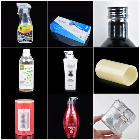 4 X 4 Inch Heat Shrink Bags 300 Pack Slick Glossy Polyolefin Film used for packaging various bottles and containers.