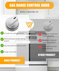 Comparison chart of replacement knobs for LG gas range LRG3060ST LDG3016ST LRG3193ST, highlighting durability and material differences.
