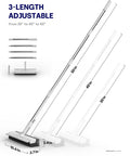 3-In-1 Floor Scrub Brush with Long Reach Handle showing adjustable lengths of 30, 40, and 50 inches with bristles and squeegee