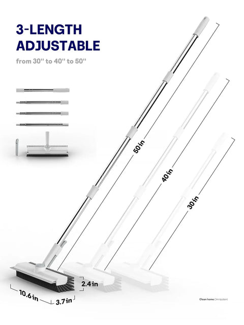 3-In-1 Floor Scrub Brush with Long Reach Handle showing adjustable lengths of 30, 40, and 50 inches with bristles and squeegee