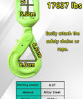 Badass Heavy Duty Swivel Lifting Hook 17637 Lbs Capacity With Spring Loaded Self Lock, green alloy steel, dimensions displayed.
