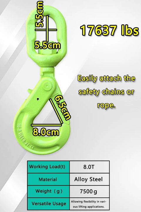 Badass Heavy Duty Swivel Lifting Hook 17637 Lbs Capacity With Spring Loaded Self Lock, green alloy steel, dimensions displayed.