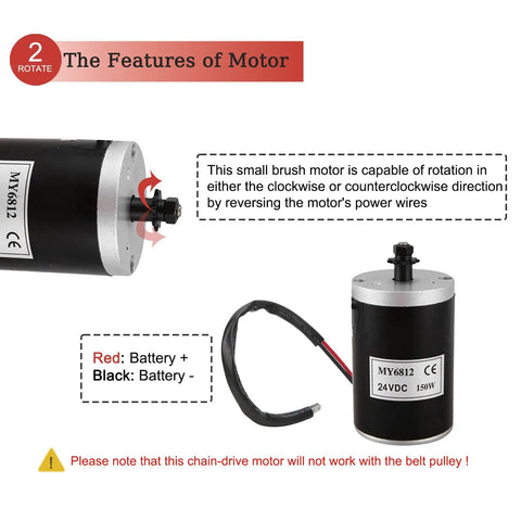 24V 150W Electric Scooter Motor With 7 Tooth 25H Chain Sprocket MY6812 Brush DC Motor showing rotation features