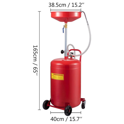 Red 20 Gallon Waste Oil Drain Tank Air Operated Portable Drainer with Adjustable Funnel Height and Four Wheels