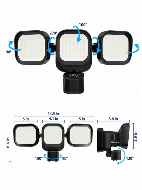 Angle view of Motion Sensor Flood Lights for Outdoor, 270° Hardwired Security Light,2Pack showing adjustable heads.