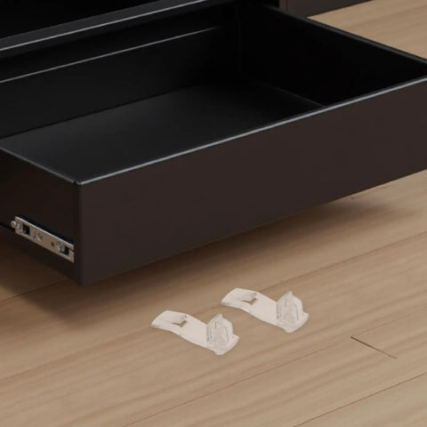 24 Pack Heavy Duty Plastic Shelf Pegs For Cabinets Self-Locking Curved Clips shown in front of open cabinet drawer
