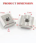 50 Pack 3030 Series Sliding T Nuts With M6 Thread Hammer Head, durable carbon steel, dimensions shown for 8mm T Slot Aluminum Extrusion.