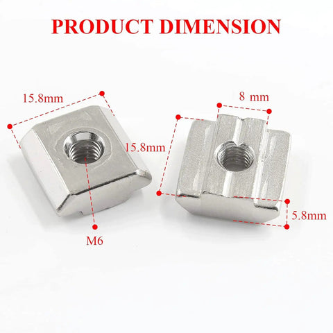50 Pack 3030 Series Sliding T Nuts With M6 Thread Hammer Head, durable carbon steel, dimensions shown for 8mm T Slot Aluminum Extrusion.