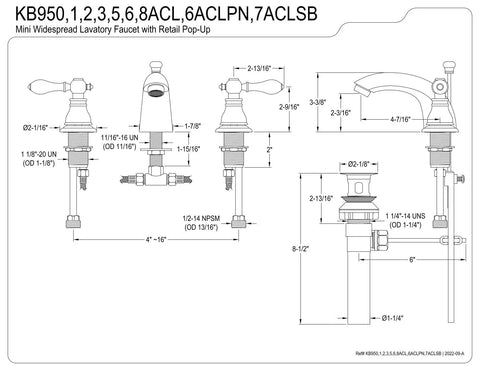 Technical drawing of American Classic Mini Widespread Bathroom Faucet With Plastic Pop Up Polished Brass, dimensions and components shown.
