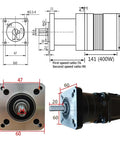 Dimensions and components of Beefy 48V 400W Brushless DC Motor With Driver Gearbox Reducer Kit For Robotic Systems And CNC Projects