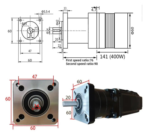 Dimensions and components of Beefy 48V 400W Brushless DC Motor With Driver Gearbox Reducer Kit For Robotic Systems And CNC Projects