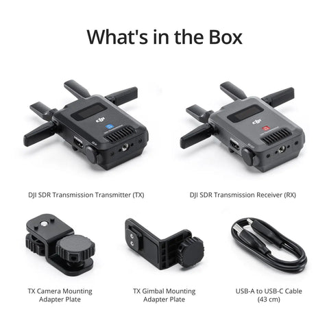 SDR Wireless Video Transmission Kit with 3 km range shown with transmitter, receiver, adapter plates, and USB-C cable.