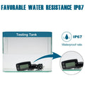 Runleader digital LCD engine temperature gauge with backlit display and dual temperature logging beside a testing tank