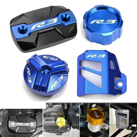 Rear Brake Fluid Reservoir Cap And Cylinder Cover For R3 YZF R3 YZFR3 2015 2024, CNC aluminum, black and blue set, easy install.