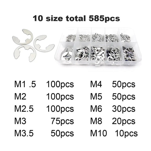 Snap Ring And E Clip Set Kit 585/1005 Pcs External Retaining Rings M1.2 To M15 Black 65Mn Steel And 304 Stainless assortment