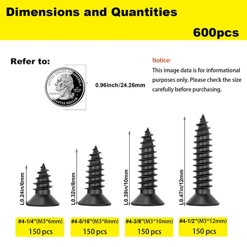 Wood Screws Assortment Kit With 600 Pieces Self Tapping Phillips Drive Flat Head Carbon Steel Black Screws In Four Sizes Quarter Inch