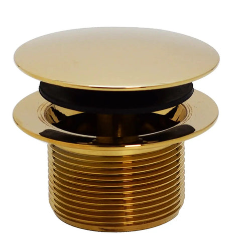 Knockout Polished Brass Tip Toe Bathtub Drain Stopper Kit Features Linear Overflow Faceplate, showcasing polished brass finish.