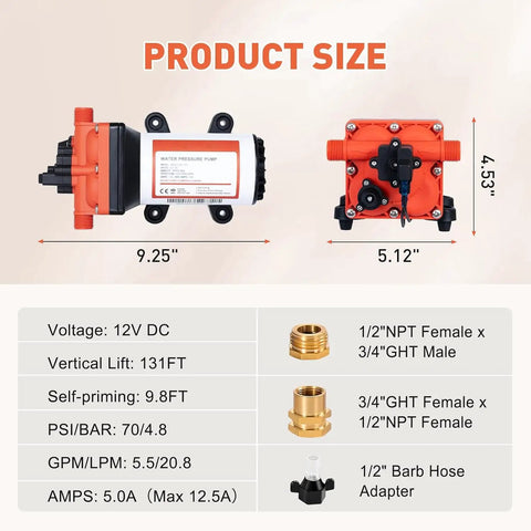 High Pressure 12V DC RV Water Diaphragm Pump With Smart Pressure Switch Delivers 5.5 GPM At 70 PSI Self Priming Wash Down product size