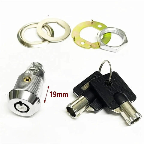 Tubular Cam Lock 19mm For Drawers, Mailboxes, Tool Boxes, Game Machines And DIY Furniture Projects With Easy Install, Heavy Duty Locking Mechanism MA015 1Pcs shown with two keys and installation hardware