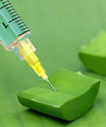 Close-up of 50 Pack 1ml Syringes With 25G 5 By 8 Inch Needles, Individually Sealed For Industrial Lab Use, piercing green plant material