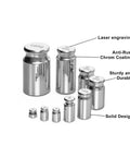 9-Piece 210g Calibration Weights Kit with Stainless Tweezers, chrome-plated stainless steel weights, labeled features like laser engraving.