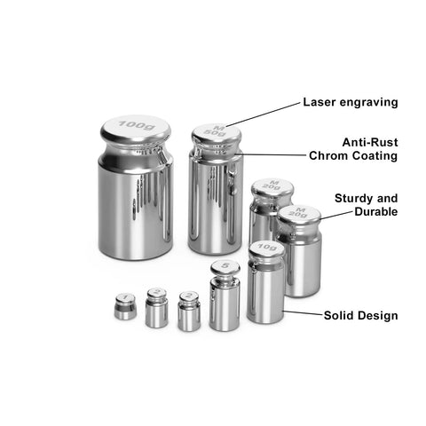 9-Piece 210g Calibration Weights Kit with Stainless Tweezers, chrome-plated stainless steel weights, labeled features like laser engraving.