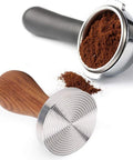 58mm Stainless Steel Coffee Tamper With Wooden Handle Heavy Duty Powder Pressing Tool for richer espresso brew shown next to portafilter