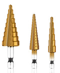 Front view: 3-piece titanium-coated HSS step drill bit set with 1/4 in hex shanks for sheet metal holes