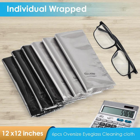 Six-pack large microfiber eyeglass cleaning cloths, 12 x 12 inches, Wsivoiv, individually wrapped, black and gray.