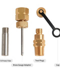 Brass Gauge Adapter With One Quarter BSP Female Fitting And Stainless Steel Probe, includes adapters, test plugs and cap