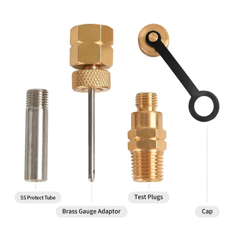 Brass Gauge Adapter With One Quarter BSP Female Fitting And Stainless Steel Probe, includes adapters, test plugs and cap