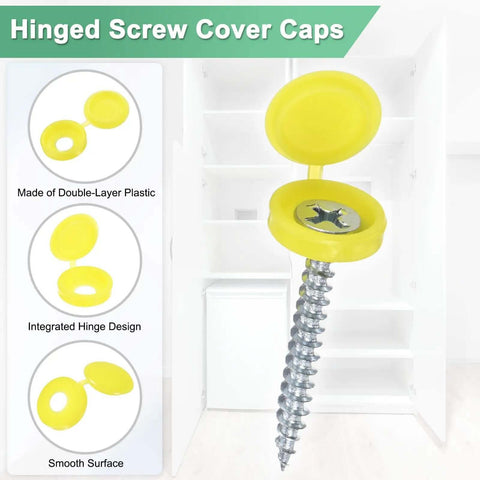 200 Pack Plastic Hinged Screw Cover Caps Conceal Exposed Bolt Heads And Keep Your Home Decor Looking Legit And Tight No Sweat Snap On Installation Delivers Heavy Duty Protection For M3 M4 M5 Fasteners Indoors Or Out yellow screw cap with hinge installation in cabinet