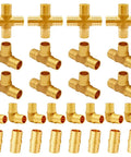 Brass Pex Crimp Fitting Kit Half Inch 28 Piece Set With Straight Elbow Tee And Four Way Fittings displayed on white background